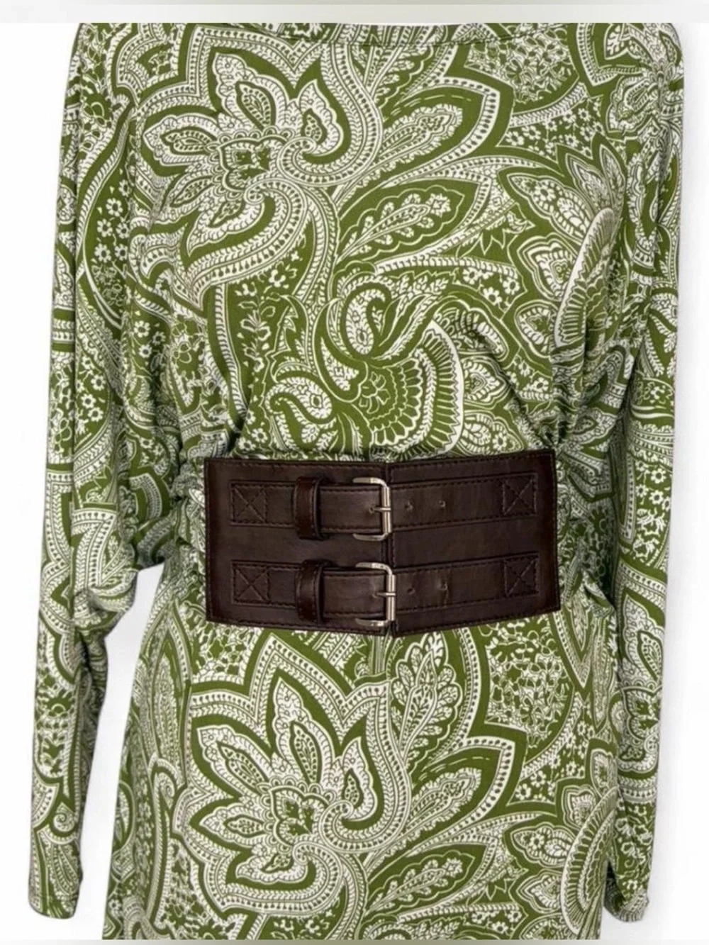Michael Kors Green Paisley Boatneck Long Sleeve Dress